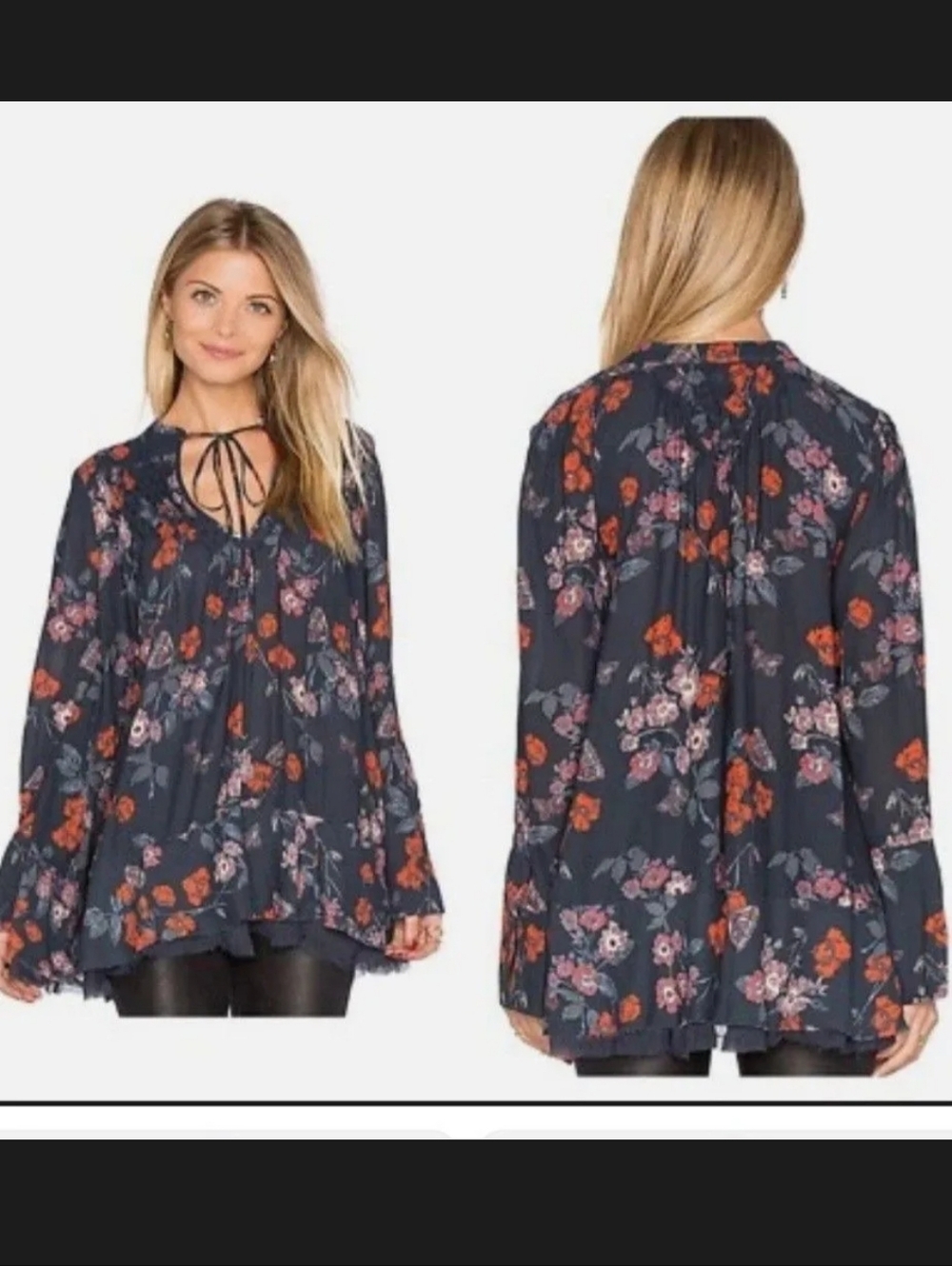 Free People Blue Floral Long Sleeve Blouse Sizs M
